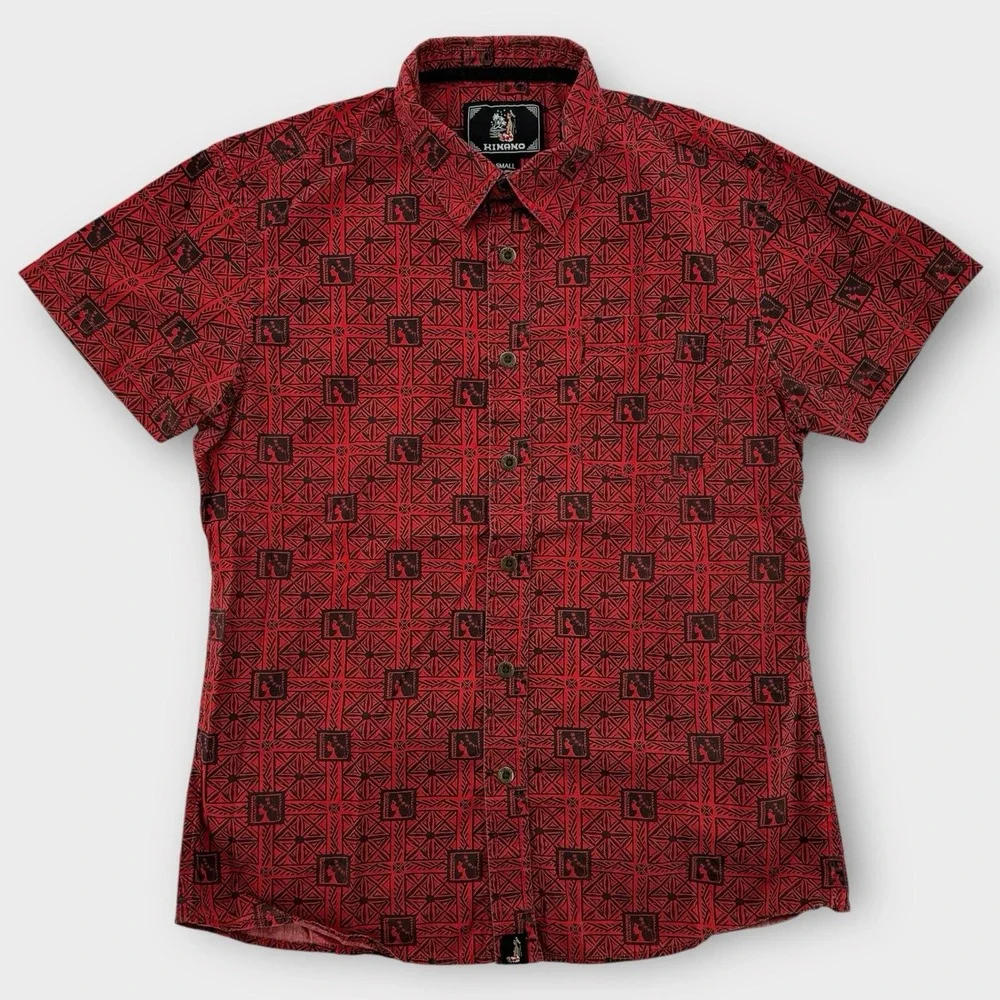 Vintage Hinano Tahiti Hawaiian Shirt Mens Small Red Hula‎ Dancer Heads Aloha